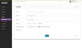 Filters menu open with the filters "Students with assessment results" and "Students without assessment results" selected